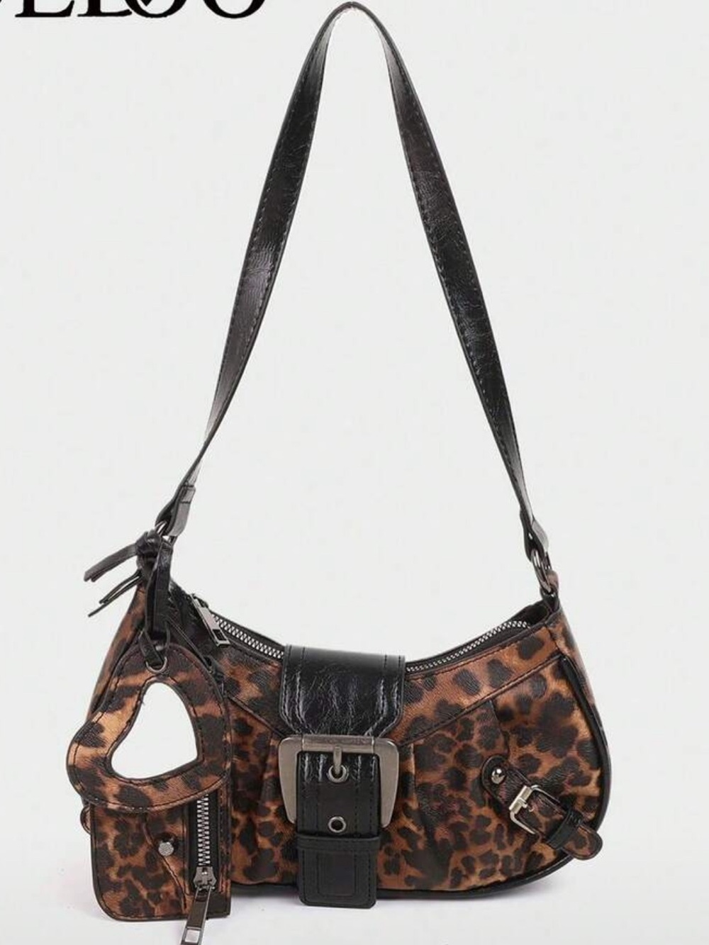 Leopard Print Shoulder Bag with Buckle Accent - Brown